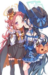  2girls :< :d :i absurdres alternate_costume aris_(blue_archive) ascot black_cape black_choker black_corset black_footwear black_hair black_skirt black_socks black_thighhighs blue_archive blue_bow blue_collar blue_dress blue_eyes blue_nails blue_wristband blush bow brooch candy candy_wrapper cape center_frills cheek-to-cheek chocolate chocolate_bar choker closed_mouth collar commentary corset detached_collar diamond_facial_mark dress earrings facial_mark feet_out_of_frame food frilled_collar frilled_dress frilled_sleeves frills green_halo hair_between_eyes hair_bow halloween_bucket halloween_costume halo hand_up hat hat_bow heads_together heart heart_facial_mark high-waist_skirt highres holding holding_pumpkin jack-o'-lantern jewelry kanikama_acedia kei_(robot)_(blue_archive) kneehighs leg_up legs_apart long_hair long_sleeves looking_at_viewer mark_under_eye mini_hat mini_top_hat multicolored_clothes multiple_girls open_mouth orange_bow orange_cape orange_halo orange_ribbon pointy_ears pointy_footwear pumpkin raised_eyebrows redhead ribbon shirt simple_background skirt sleeves_past_wrists smile socks standing standing_on_one_leg stud_earrings thigh-highs thigh_strap top_hat toy_robot very_long_hair violet_eyes waist_bow white_ascot white_background white_bow white_dress white_shirt witch witch_hat wrist_ribbon yellow_nails yuzu_(blue_archive) 