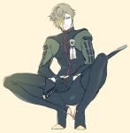  1boy closed_mouth collared_shirt full_body green_eyes green_hair hair_over_one_eye high_heel_boots high_heels interlocked_fingers katana male_focus matching_hair/eyes personification simple_background smile snj solo sword thigh_boots touken_ranbu uguisumaru weapon 