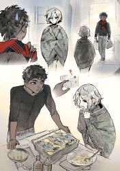  2boys absurdres bag bags_under_eyes black_eyes black_hair blue_eyes bowl cardigan curly_hair dark-skinned_male dark_skin dungeon_meshi elf fish food gapamopa grey_hair highres holding holding_bag jacket kabru lazy_eye long_sleeves male_focus mithrun multiple_boys notched_ear pointy_ears runny_nose scarf shirt short_hair snot sweatdrop uneven_eyes winter_clothes 