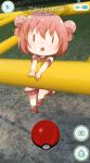  10s 1girl ahoge akaza_akari bafarin black_legwear cellphone chibi double_bun grass hair_bun hair_intakes outdoors phone photo_background poke_ball pokemon pokemon_go school_uniform serafuku socks solo yuru_yuri 