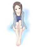  1girl barefoot brown_eyes brown_hair collarbone feet feet_together karakai_jouzu_no_takagi-san legs legs_together sitting smile solo souji_kurokawa sweater takagi-san toes 