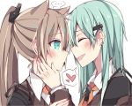  2girls ^_^ alternate_hairstyle animal_ears aqua_eyes aqua_hair ascot blush brown_hair cat_ears closed_eyes commentary_request dress_shirt ear_piercing hair_ornament hairclip hand_on_another&#039;s_cheek hand_on_another&#039;s_face heart kantai_collection kemonomimi_mode kumano_(kantai_collection) kvlen long_hair multiple_girls open_mouth piercing ponytail shirt smile spoken_heart suzuya_(kantai_collection) upper_body yuri 