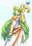  1girl bare_shoulders breasts green_eyes green_hair jewelry kid_icarus kid_icarus_uprising large_breasts long_hair necklace palutena smile solo staff super_smash_bros. thigh-highs tiara very_long_hair wusagi2 