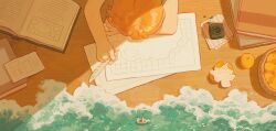  1girl absurdres aged_down bare_arms book child desk food from_above fruit george_park going_merry highres holding holding_quill ink inkling mandarin_orange map nami_(one_piece) ocean one_piece open_book orange_hair pirate_ship quill short_hair solo upper_body waves 