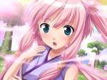  1girl blue_eyes blush clothes game_cg hime_to_majin_to_koi_suru_tamashii_(game) open_mouth pink_hair solo tree upper_body 