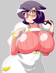  10s 1girl akasode_(tyaramu) big_hair blush breasts glasses highres huge_breasts looking_at_viewer pink-framed_eyewear poke_ball pokemon pokemon_(game) pokemon_sm purple_hair ribbed_sweater short_hair smile solo sweater turtleneck turtleneck_sweater white_background wicke_(pokemon) yellow_eyes 