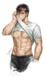  1boy abs doudanuki_masakuni looking_at_viewer male_focus muscle pecs scar shirt_lift solo sweat touken_ranbu wet wince 