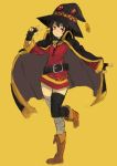  1girl belt boots cape hat kono_subarashii_sekai_ni_shukufuku_wo! megumin peace_sign red_eyes short_hair simple_background smile witch_hat yellow_background 