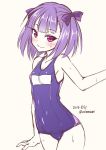  1girl armpits blue_swimsuit blush bow covered_navel dated fate/grand_order fate_(series) flat_chest hair_ribbon helena_blavatsky_(fate/grand_order) looking_at_viewer lowleg old_school_swimsuit one-piece_swimsuit purple_hair ribbon school_swimsuit short_hair simple_background smile solo soukai_(lemonmaiden) swimsuit twitter_username two_side_up violet_eyes wet white_background 