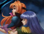  2girls arm_hug artist_request blue_hair cape closed_eyes epaulettes female friends from_side gloves headband highres hime_cut hug lina_inverse lips long_hair magic multiple_girls open_mouth orange_hair outdoors parted_lips purple_gloves round_teeth serious shiny shiny_hair short_sleeves slayers sorceress sylphiel_nels_lahda teeth yuri 