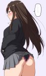  ... 1girl ass back black_panties blush brown_hair cardigan cowboy_shot earrings flat_ass grey_background hands_in_pockets idolmaster idolmaster_cinderella_girls jewelry lace lace-trimmed_panties long_hair panties pleated_skirt profile school_uniform shibuya_rin shouji_nigou simple_background skirt solo speech_bubble spoken_ellipsis underwear wardrobe_malfunction 