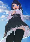  1girl bangs black_legwear black_skirt blue_eyes blue_hair blue_sky blush breasts clouds day dress embarrassed frilled_dress frills from_below hand_on_own_chest high-waist_skirt highres juz long_sleeves medium_breasts one_side_up open_mouth outdoors petticoat pleated_skirt red_ribbon ribbon skirt sky solo standing sweat sweatdrop swept_bangs thigh-highs underbust upper_body upskirt virgin_killer_outfit zettai_ryouiki 