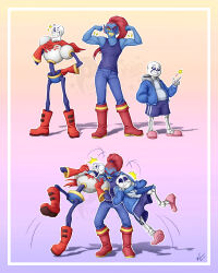  1girl 2022 2boys 2d anthro arm_around_neck black_eyepatch black_pants black_tank_top blue_jacket blue_pants blue_shorts blue_skin boots brothers cape clenched_hands commentary digital_media ear_fins english_commentary eyepatch female fins fish fish_girl flexing full_body gloves hair head_fins height_difference high_ponytail highres humanoid jacket long_hair male monster monster_boy monster_girl pants papyrus_(undertale) pink_slippers ponytail red_boots red_cape red_gloves red_hair sans_(undertale) sharp_teeth shorts siblings skeleton slippers striped striped_pants tank_top teeth trio undead undertale undyne utdr_(toby_fox) veinsfullofstars 