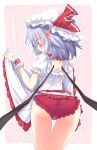  ass back_cutout blush commentary_request cowboy_shot ear_blush frilled_panties frilled_skirt frills hat hat_ribbon highres ina_(inadahime) lavender_hair mob_cap panties pointy_ears red_eyes red_panties red_ribbon remilia_scarlet ribbon short_sleeves skirt skirt_lift spoken_squiggle squiggle standing touhou underwear white_hat wings wrist_cuffs 
