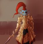  1girl armor black_eyepatch blue_skin eyepatch eyeshadow female grin head_fins holding_spear long_hair long_ponytail looking_at_viewer ponytail red_eyeshadow redhead smile solo spear standing teeth undertale undyne upper_body weapon yellow_sclera zana 