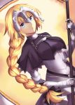  1girl armor blonde_hair blue_eyes braid breasts cape chains expressionless fate/grand_order fate_(series) headpiece highres large_breasts long_braid ruler_(fate/apocrypha) single_braid solo sonene standard_bearer 