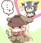  ... 2girls ? alternate_costume black_hair blonde_hair capelet chibi commentary deerstalker detective directional_arrow food food_on_face hair_flaps hair_ornament hairclip hat highres holding jako_(jakoo21) kantai_collection long_hair magnifying_glass multiple_girls red_eyes remodel_(kantai_collection) shigure_(kantai_collection) spoken_ellipsis spoken_question_mark translated yuudachi_(kantai_collection) 