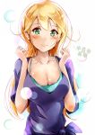  1girl blonde_hair blush breasts cleavage collarbone female green_eyes highres large_breasts long_hair looking_at_viewer original shi-2 shirt solo standing upper_body 