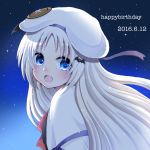  1girl blue_eyes bow cape daamiyan dated fang happy_birthday hat large_buttons little_busters!! night night_sky noumi_kudryavka pink_bow school_uniform silver_hair sky 