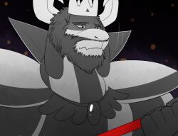 1boy 2015 2d anthro asgore_dreemurr azurite-draws bad_deviantart_id bad_id beard black_background cape crown dark_background digital_media facial_hair floppy_ears frown fur furry furry_male goat goat_boy goat_ears goat_horns holding holding_polearm holding_weapon horns inactive_account looking_down male male_only mammal monochrome monster monster_boy pauldrons polearm sad simple_background solo spot_color undertale upper_body