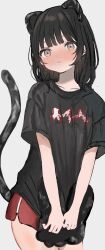 1girl animal_ears animal_hands black_shirt black_t-shirt blush brown_eyes cat_ears closed_mouth commentary cowboy_shot dolphin_shorts fake_animal_ears fake_tail gloves highres holding holding_gloves holding_unworn_clothes looking_at_viewer maple_(abc2215) original paw_gloves print_shirt red_shorts shirt shorts simple_background solo symbol-only_commentary t-shirt tail unworn_gloves white_background