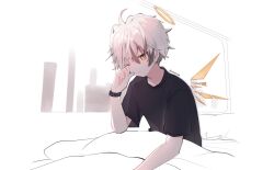  1boy adnachiel_(arknights) arknights black_shirt blanket building colored_tips commentary energy_wings english_commentary frown getting_up grey_hair halo hand_up highres infection_monitor_(arknights) male_focus multicolored_hair one_eye_closed pushu rubbing_eyes shirt short_sleeves simple_background solo t-shirt twitter_username white_background white_hair window yellow_eyes 