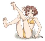  1girl arm_support arm_up bare_shoulders barefoot bikini brown_hair collarbone crab feet legs legs_up messy_hair open_mouth original red_eyes short_hair sitting soles solo souji_kurokawa swimsuit toes wink yellow_bikini 