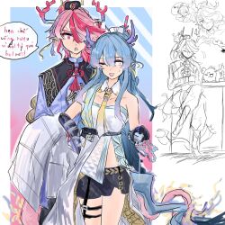  angry arknights bandeau black_gloves black_pants blue_background blue_hair blue_horns blue_sarong blue_skirt blue_tail bottle calligraphy_scroll coat colored_extremities couple cup dragon dragon_bubble_(arknights) dragon_girl dragon_horns dragon_tail earrings gloves gourd gradient_background gradient_clothes gradient_eyes gradient_horns gradient_skin highres holding holding_coat holding_cup holding_gourd holding_unworn_clothes holding_weapon horns jewelry jie_(arknights) judge light_smile ling_(arknights) long_sleeves multicolored_eyes multicolored_horns multiple_girls multiple_tails necktie non-web_source open_clothes open_coat pants pink_background pink_hair pink_tail poet_sleeves pointy_ears red_bandeau sarong sitting skirt smile tail talking tassel tassel_earrings vietnamese_text violet_eyes weapon white_coat wine_bottle yellow_necktie 