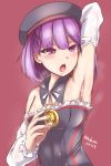  1girl arm_up armpits arms_behind_head bare_shoulders blush breasts fate/grand_order fate_(series) helena_blavatsky_(fate/grand_order) looking_at_viewer madara_(yotunoha01) open_mouth purple_hair short_hair simple_background small_breasts solo sweat upper_body violet_eyes 