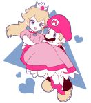  1boy 1girl blonde_hair blue_eyes couple dress earrings frills hat heart hetero high_heels mario nintendo overalls princess_carry princess_peach simple_background super_mario_bros. uguisuse 