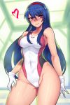  1girl blue_hair blush breasts competition_swimsuit covered_navel eyebrows eyebrows_visible_through_hair gakuen_taisen_valkyries glasses gloves highleg highleg_swimsuit highres jjune long_hair looking_at_viewer one-piece_swimsuit red_eyes rei_no_pool rimless_glasses sabra_greengold smile solo swimsuit wet white_gloves 