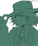  1boy cravat edmond_dantes_(fate/grand_order) fate/grand_order fate_(series) fedora formal from_side hand_on_headwear hat looking_at_viewer minafuni monochrome short_hair sketch suit twitter_username wavy_hair 