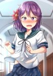  1girl akebono_(kantai_collection) alternate_hair_length alternate_hairstyle blue_skirt blush commentary_request flower gurande_(g-size) hair_flower hair_ornament highres kantai_collection looking_at_viewer pleated_skirt purple_hair school_uniform serafuku short_sleeves skirt solo trembling violet_eyes 