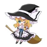  1girl ;d aqua_eyes black_bow black_hat black_skirt blonde_hair blue_bow bow braid broom chibi detached_collar frills full_body hair_between_eyes hand_on_hip hat hat_bow kirisame_marisa nonoko_(capsule-nnk) one_eye_closed open_mouth puffy_short_sleeves puffy_sleeves short_sleeves single_braid skirt smile solo touhou transparent_background white_bow witch_hat 