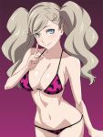  1girl atlus bangs bikini blue_eyes breasts closed_mouth collarbone cowboy_shot cute eyebrows_visible_through_hair gradient gradient_background grey_hair hair_ornament hairclip index_finger_raised large_breasts long_hair looking_at_viewer megami_tensei navel persona persona_5 purple_background purple_bikini ra-pen smile solo swept_bangs swimsuit takamaki_anne twintails 