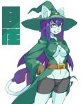  1girl artist_request borrowed_character breasts cat female furry grin hat long_hair purple_hair simple_background solo white_background witch_hat 