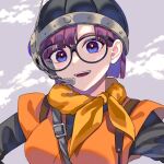  1girl akitaka_(s_asai) black_shirt blue_eyes blunt_bangs blunt_ends breasts chrono_trigger glasses grey_background headset helmet looking_at_viewer lucca_ashtear medium_breasts neckerchief open_mouth orange_neckerchief orange_tunic purple_hair shirt short_hair smile solo upper_body 