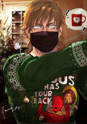  1boy artist_name bell black_mask blue_eyes breath brown_hair character_print christmas_tree contemporary golden_kamuy green_sweater highres indoors jesus jingle_bell long_sleeves male_focus mask medium_hair mouth_mask solo speech_bubble spoken_object sweater upper_body vasily_(golden_kamuy) window yumi_(soak1111) 