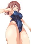  1girl breasts brown_hair competition_swimsuit from_below long_hair medium_breasts one-piece_swimsuit original parted_lips pink_eyes standing swimsuit usyuuri wavy_hair 