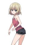  1girl blonde_hair blue_eyes camisole casual girls_und_panzer highres hiroyuki katyusha looking_at_viewer short_hair shorts simple_background solo tank_top white_background 