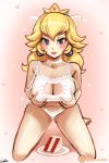  1girl blonde_hair blue_eyes breasts cake cat_lingerie earrings hearts large_breasts princess_peach simple_background solo super_mario_bros. 