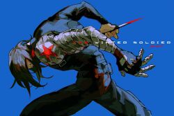  1boy azisaiharumaki56 black_gloves black_hair black_pants black_shirt blood blood_on_weapon blue_background blue_eyes captain_america:_the_winter_soldier captain_america_(series) character_name fingerless_gloves gloves highres holding holding_knife james_buchanan_barnes knife marvel marvel_cinematic_universe mechanical_arms pants reverse_grip shirt short_hair signature simple_background single_mechanical_arm solo weapon winter_soldier 
