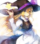  1girl absurdres apron bei_mochi black_dress blonde_hair bow buttons dress hair_bow hat hat_bow highres kirisame_marisa long_hair long_sleeves purple_bow solo star touhou waist_apron witch_hat yellow_eyes 