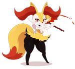  1girl braixen eric_lowery fire legs looking_at_viewer nintendo pokemon red_eyes simple_background smile solo standing stick thick_thighs white_background 