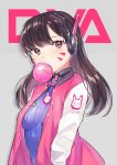  1girl brown_eyes brown_hair d.va_(overwatch) female gum long_hair overwatch solo suit tiny_(tini3030) 