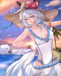  1girl armlet bare_shoulders bracelet braid breasts cleavage clouds dripping erun_(granblue_fantasy) granblue_fantasy hat heles highres holding jewelry long_hair looking_at_viewer palm_tree sarong see-through silver_hair single_braid sky sleeveless solo sun_hat sweat swimsuit tree velia very_long_hair violet_eyes water wet white_bikini_bottom 