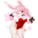  1girl animal_ears bare_shoulders bow bowtie braid breasts bunny_girl bunny_tail bunnysuit cleavage contrapposto fishnet_pantyhose fishnets furry hand_on_thigh large_breasts leotard long_hair mizuki_kotora one_eye_closed pantyhose pink_hair rabbit_ears red_eyes side-tie_leotard solo tail twin_braids wrist_cuffs 