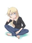  1girl ahoge barefoot black_shirt blonde_hair blue_eyes blush collarbone feet full_body head_on_hand legs_crossed new_game! pants shirt sitting smirk solo souji_kurokawa spread_legs toes twitter_username yagami_kou 