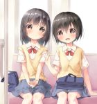  2girls bag black_hair blush ground_vehicle long_hair multiple_girls original ramble school_bag school_uniform short_hair sitting skirt smile sweater_vest train train_interior waving 