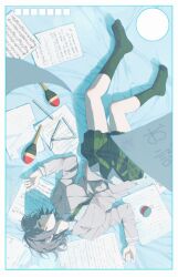  1girl absurdres bang_dream! bang_dream!_it's_mygo!!!!! border breasts brh brown_eyes chinese_commentary collared_shirt commentary_request diagonal-striped_clothes diagonal-striped_necktie green_necktie green_skirt green_socks grey_hair grey_jacket haneoka_school_uniform highres instrument jacket kneehighs long_sleeves lying medium_breasts necktie no_shoes on_back open_mouth plaid_clothes plaid_skirt pleated_skirt school_uniform sheet_music shirt skirt socks solo striped_clothes takamatsu_tomori triangle_(instrument) white_border white_shirt yo-yo 